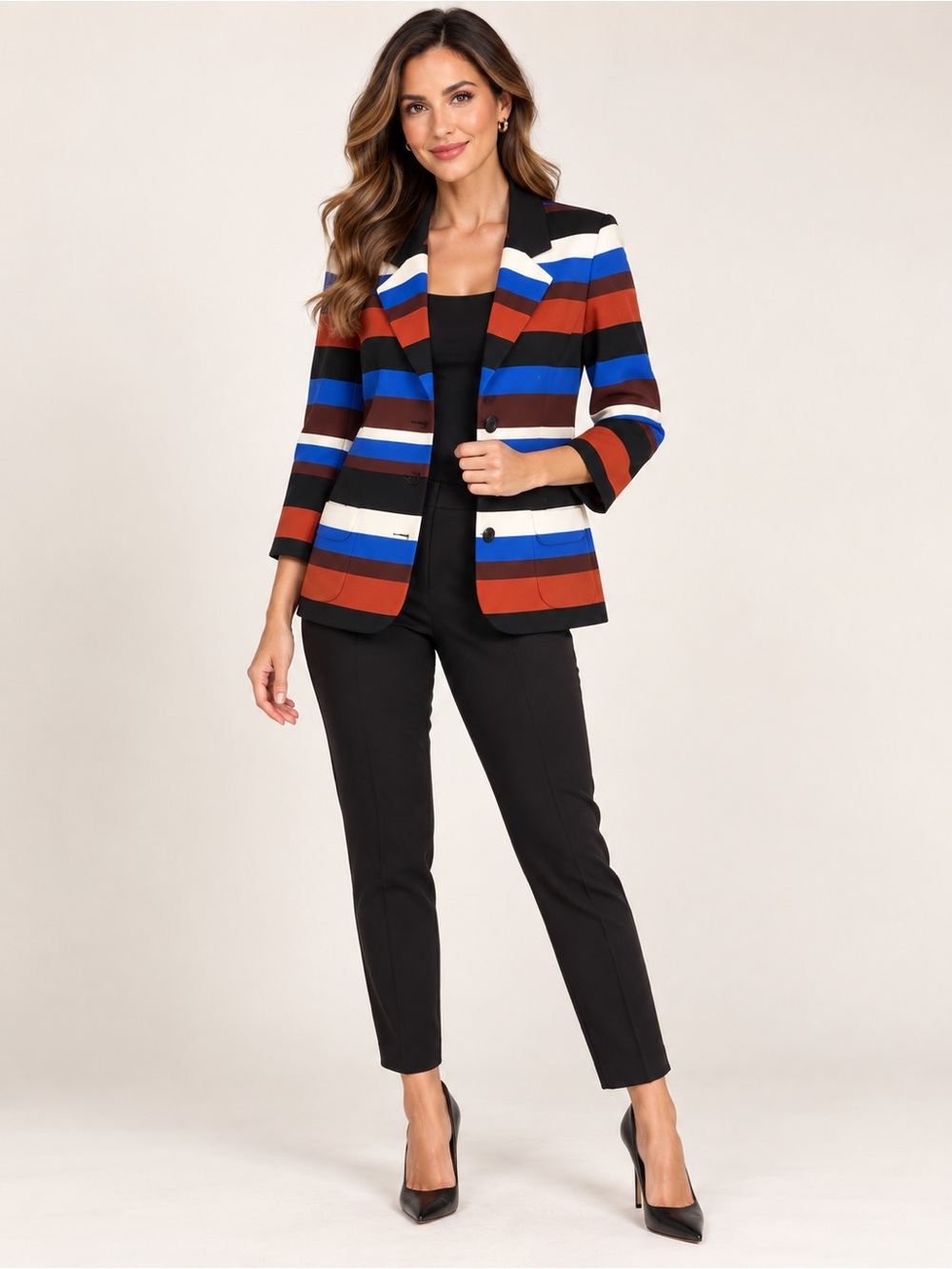 Nine West Striped Blazer in Blue, Rust, Black, Cream & White